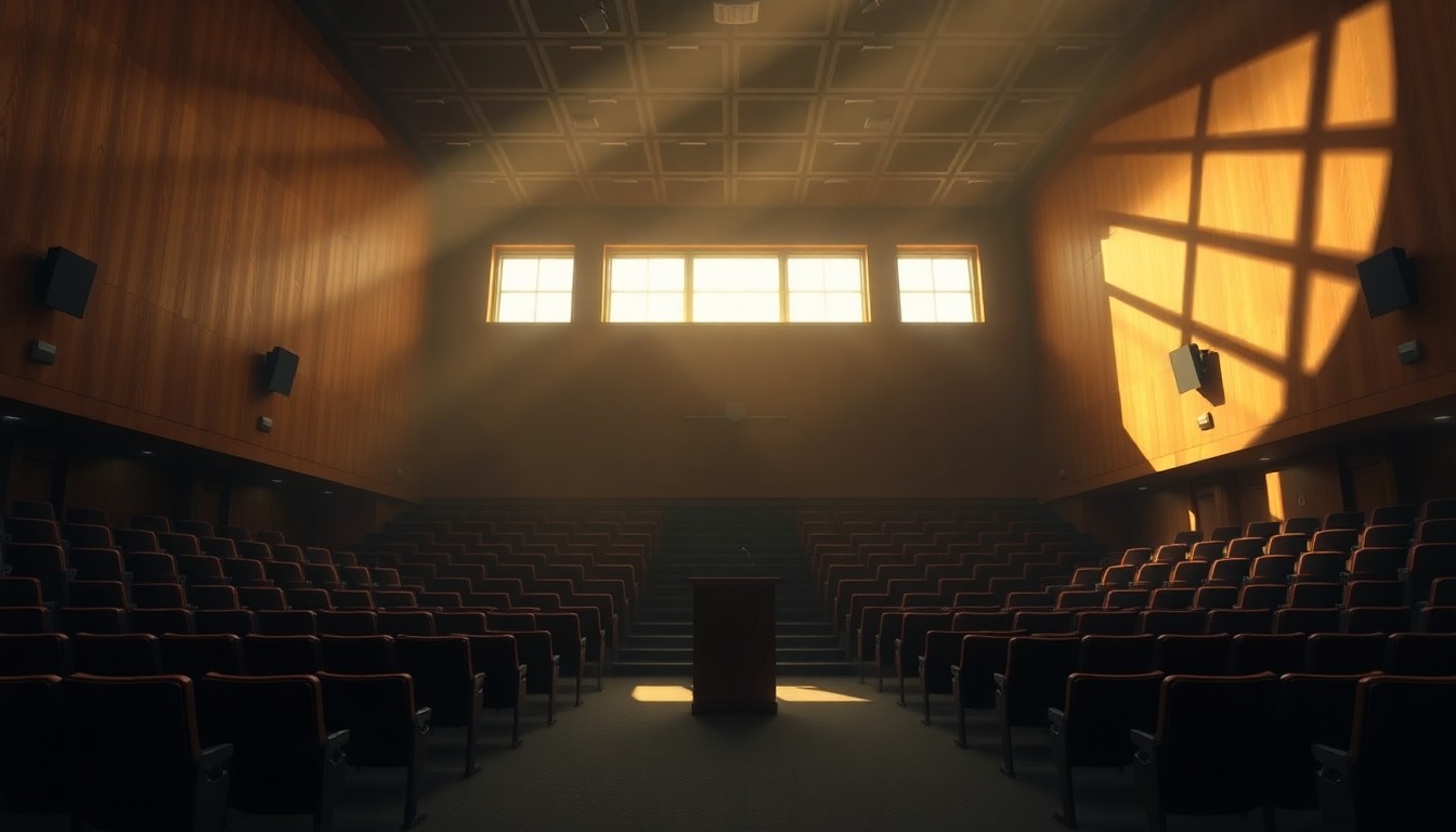 A dimly lit, cinematic painting of an empty college auditorium with a lone podium in the center, bathed in warm, diagonal sunlight and deep shadows, conceptually representing the tensions and security concerns surrounding political events on college campuses.