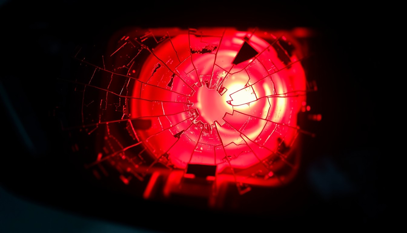 An extreme close-up photograph of a shattered car sensor lens reflecting a faint red light, conceptually illustrating the vandalism of self-driving cars.