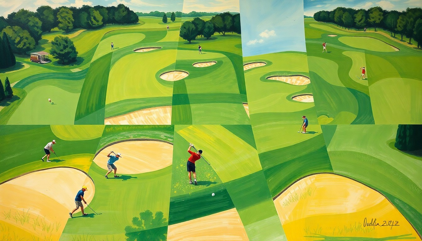 A fragmented, geometric painting depicting the dynamic action and multiple perspectives of a high school golf tournament, with overlapping shapes and planes of green fairways, sand traps, and golfers in motion.