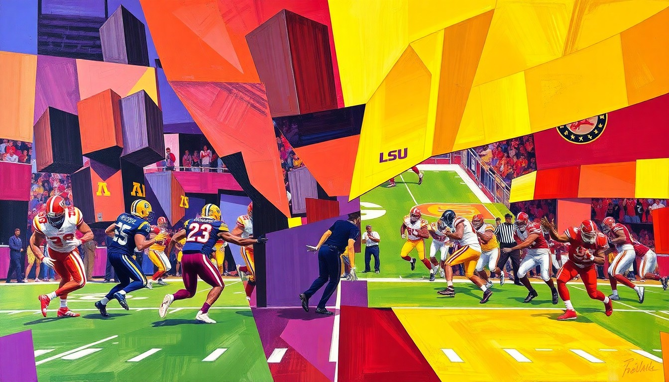 A fractured, cubist-style painting depicting the chaotic energy and overlapping movements of a college football practice, with sharp geometric shapes and planes in deep purple, crimson, and gold representing the LSU and Alabama programs.
