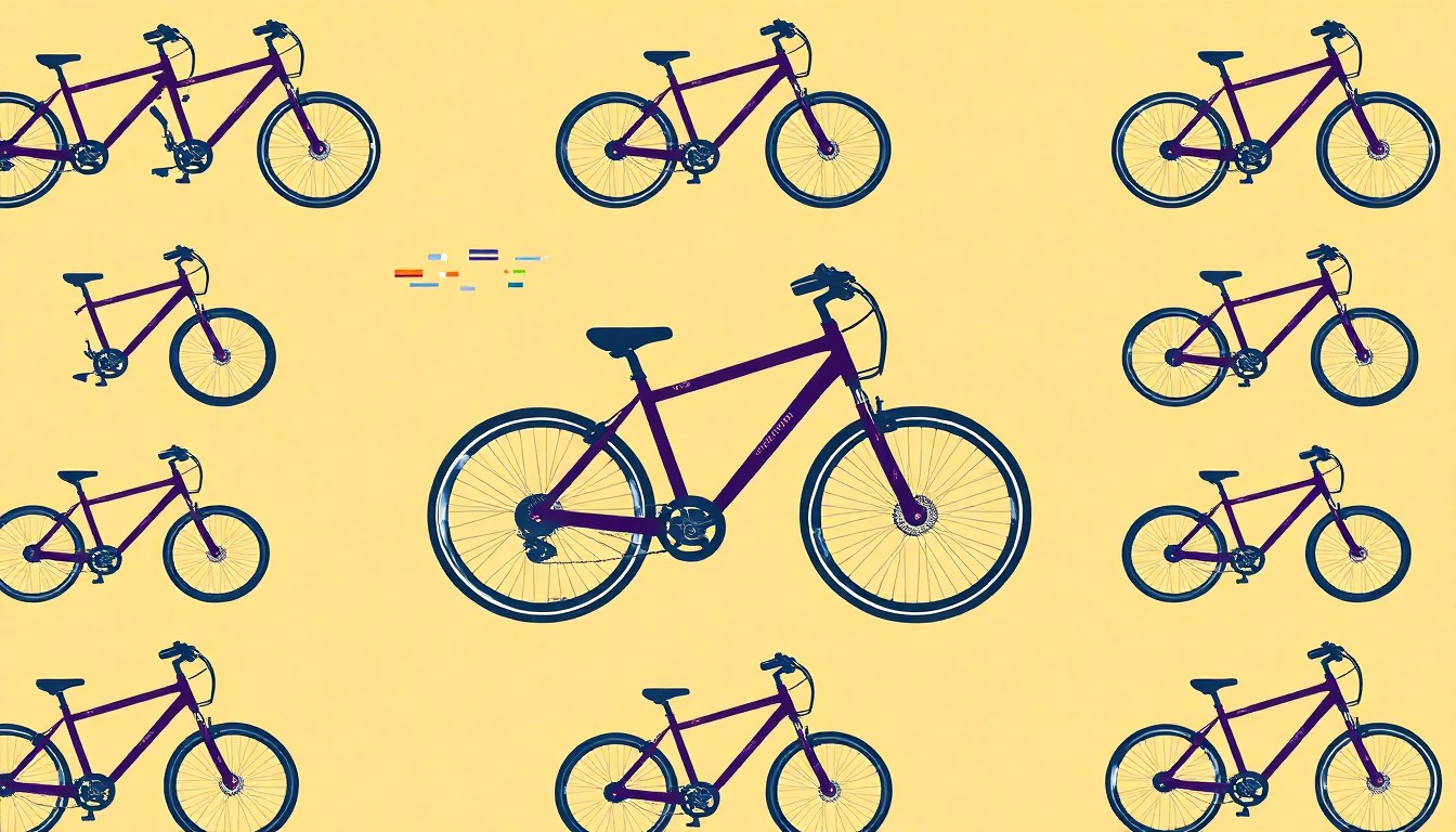 A bold, colorful silkscreen-style illustration featuring a repeated icon of an electric bicycle, rendered in a high-contrast, neon-tinged palette that captures the tension between modern transportation and shared public spaces.