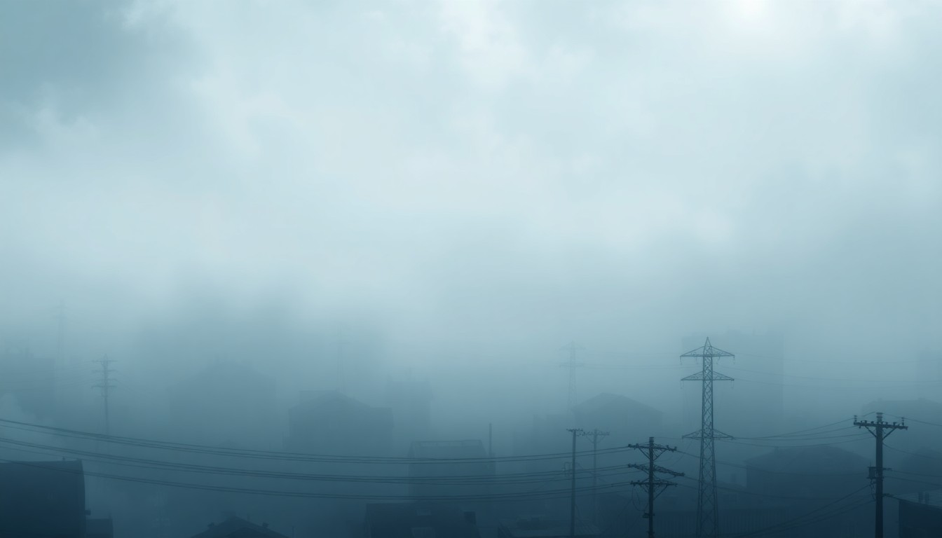 A sweeping, atmospheric landscape painting in muted tones of gray, blue, and white, depicting the faint outlines of buildings and power lines emerging from a thick, swirling fog, conveying a sense of the overwhelming power of nature and the fragility of human infrastructure.