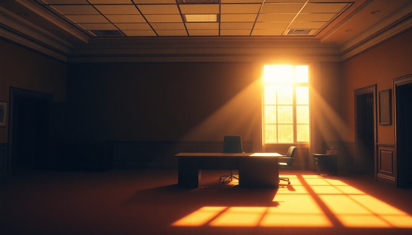 A quiet, cinematic painting of an empty government office space with a lone desk and chair, the room bathed in warm, diagonal sunlight and deep shadows, conveying a sense of political disillusionment and betrayal.