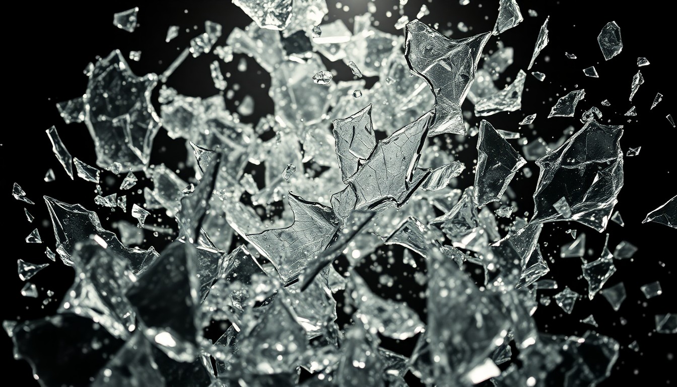 An abstract close-up image of shattered glass and crumpled metal textures, captured in dramatic high-contrast studio lighting, conceptually representing the turbulent and controversial nature of the 'Jail Blazers' era.