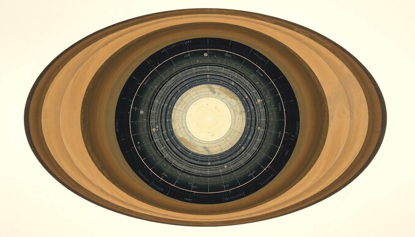 A highly textured, abstract painting in soft earth tones featuring sweeping geometric arcs, concentric circles, and precise botanical spirals, conceptually representing the transcendent experience of an astronaut orbiting the moon and connecting with the spiritual forces of the universe.