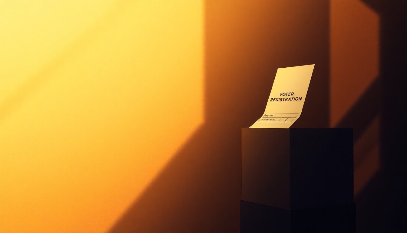 An extreme close-up of a voter registration form partially obscured by shadows, conveying the somber mood and personal stakes around the debate over voter privacy.
