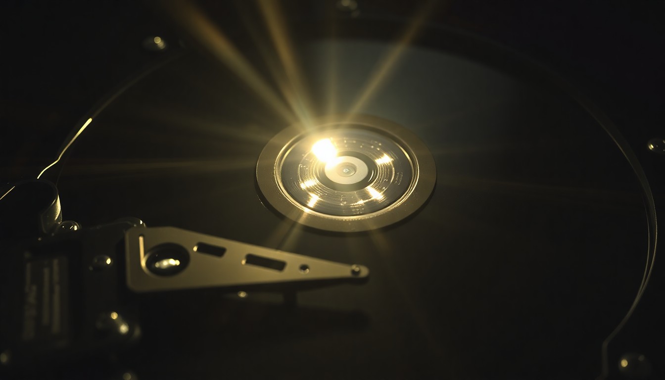 An extreme close-up photograph of a computer hard drive with a bright, harsh flash illuminating the intricate metal and circuit board details, conceptually representing the investigation into a privacy breach.