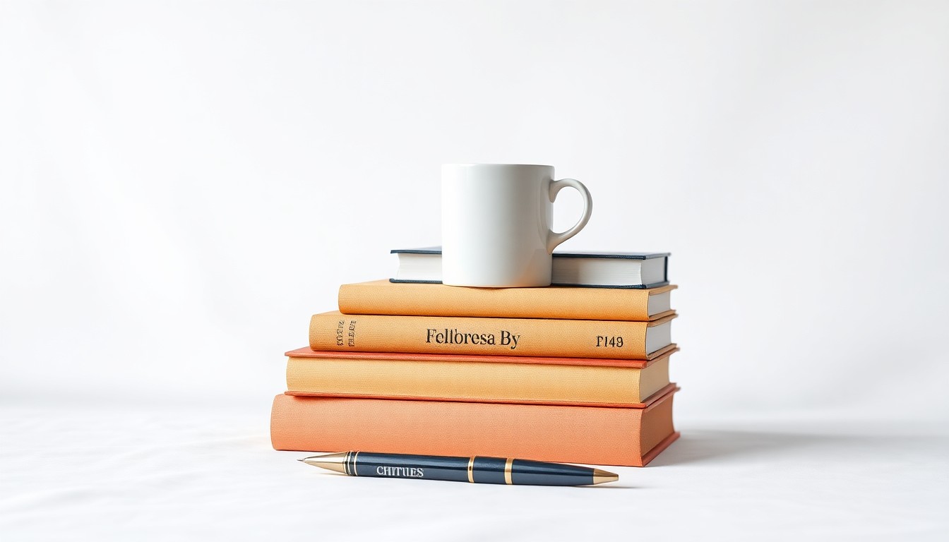 A minimalist studio photograph featuring a stack of hardcover books, a pen, and a coffee mug arranged on a clean, white background, conceptually representing the themes of workplace culture and the creative process of writing.
