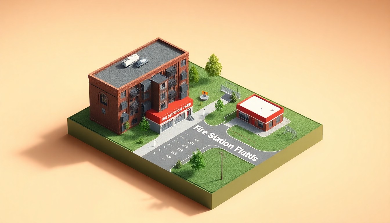 A stylized, isometric 3D digital illustration depicting a miniature model of the Fire Station Flats development, including the apartment building, fire department headquarters, and surrounding greenspace, all rendered in bold, vibrant colors and dramatic lighting to conceptually represent the project's mix of affordable housing, community space, and public services.