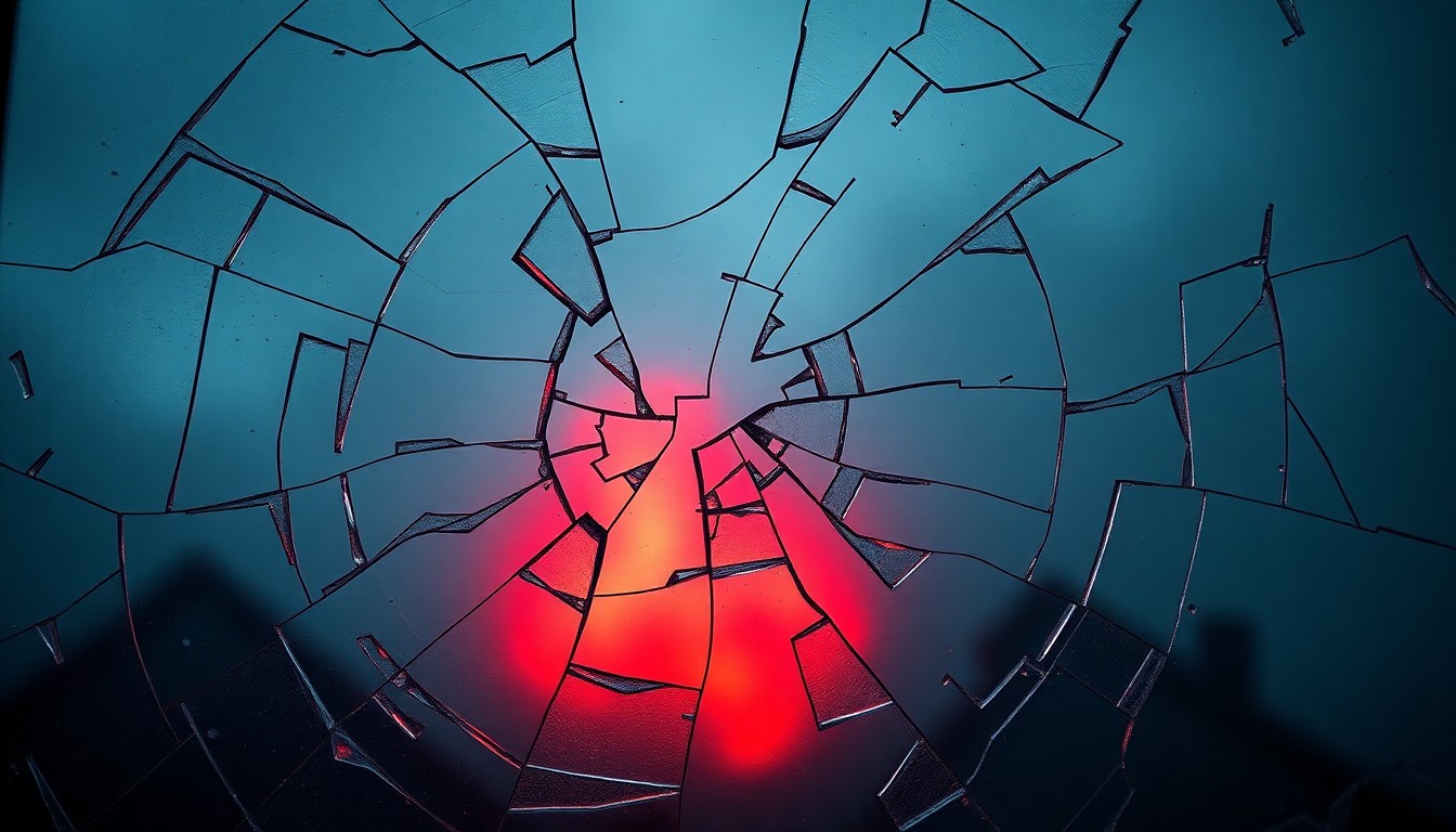 An extreme close-up of a shattered glass window with a faint red glow, conceptually representing the aftermath of a firebombing attack on a tech leader's home.