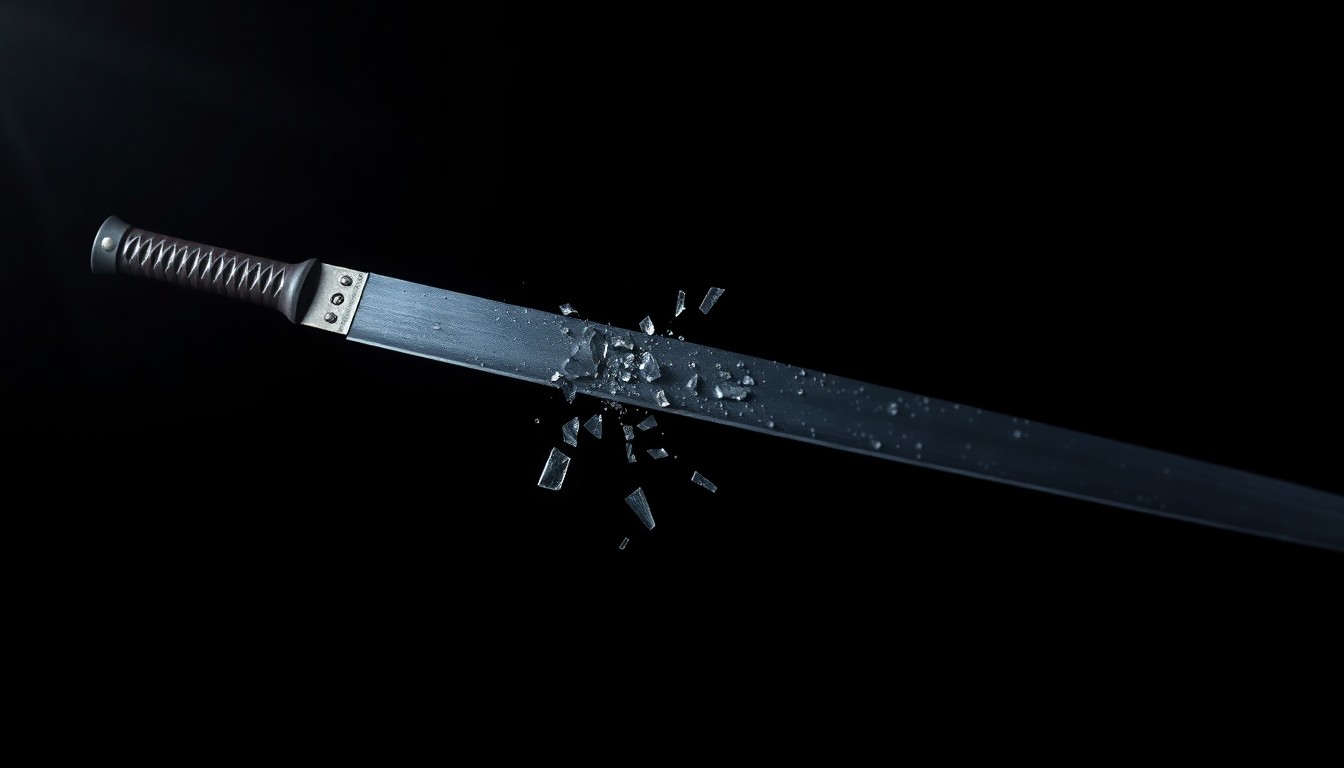 An extreme close-up of a shattered sword blade reflecting a harsh, direct flash of light, conceptually representing the violence and tragedy of a fatal police shooting.