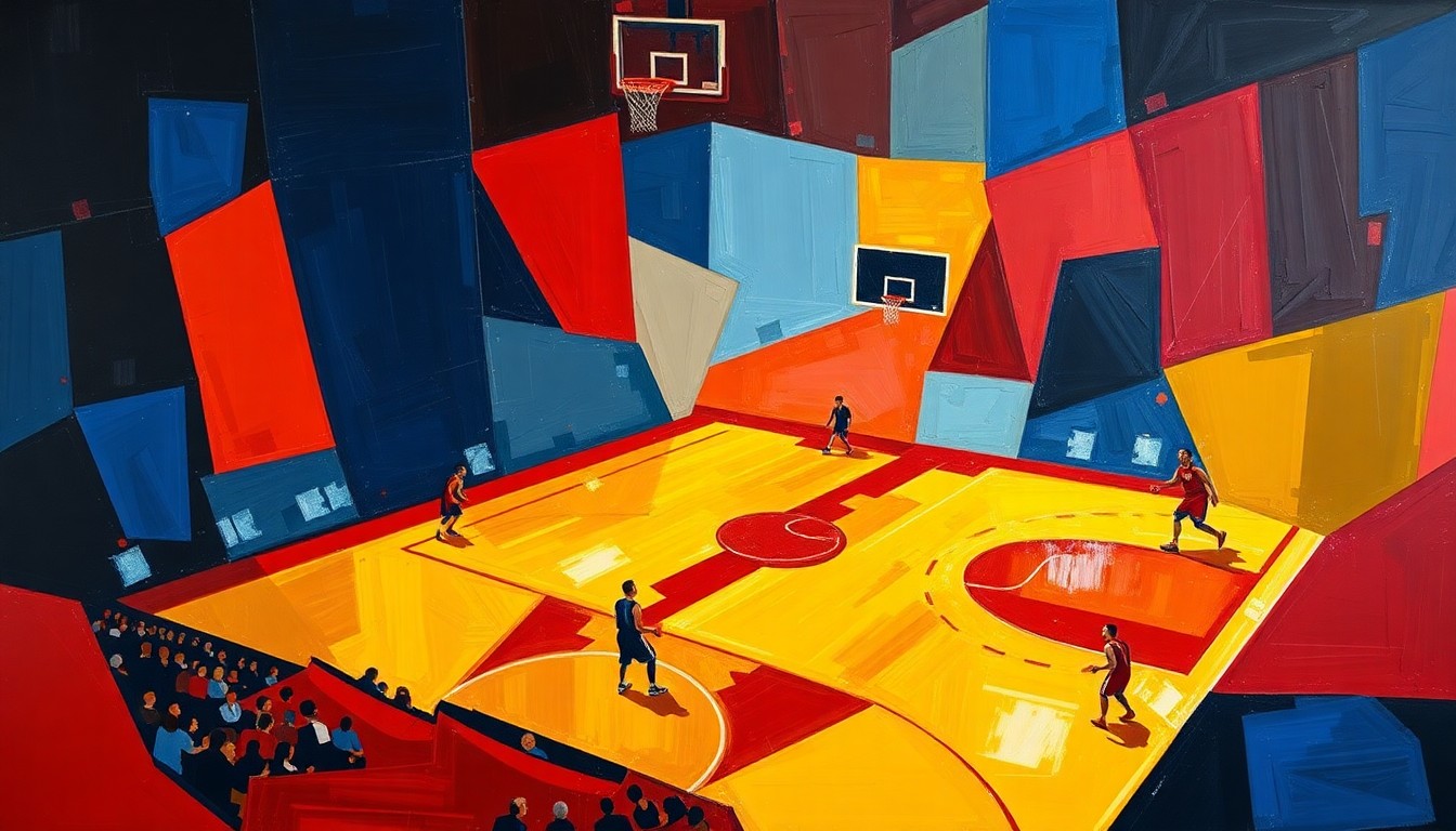 A dynamic, cubist-style painting featuring fragmented geometric shapes and planes in shades of blue, red, and yellow, conceptually representing the energy and intensity of a basketball game.