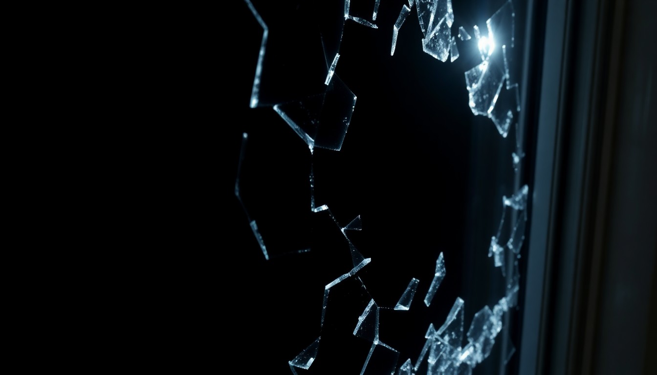 An extreme close-up photograph of a shattered cruise ship cabin window, lit by a harsh, direct camera flash against a pitch-black background, conceptually representing the violence and trauma of the alleged crime.