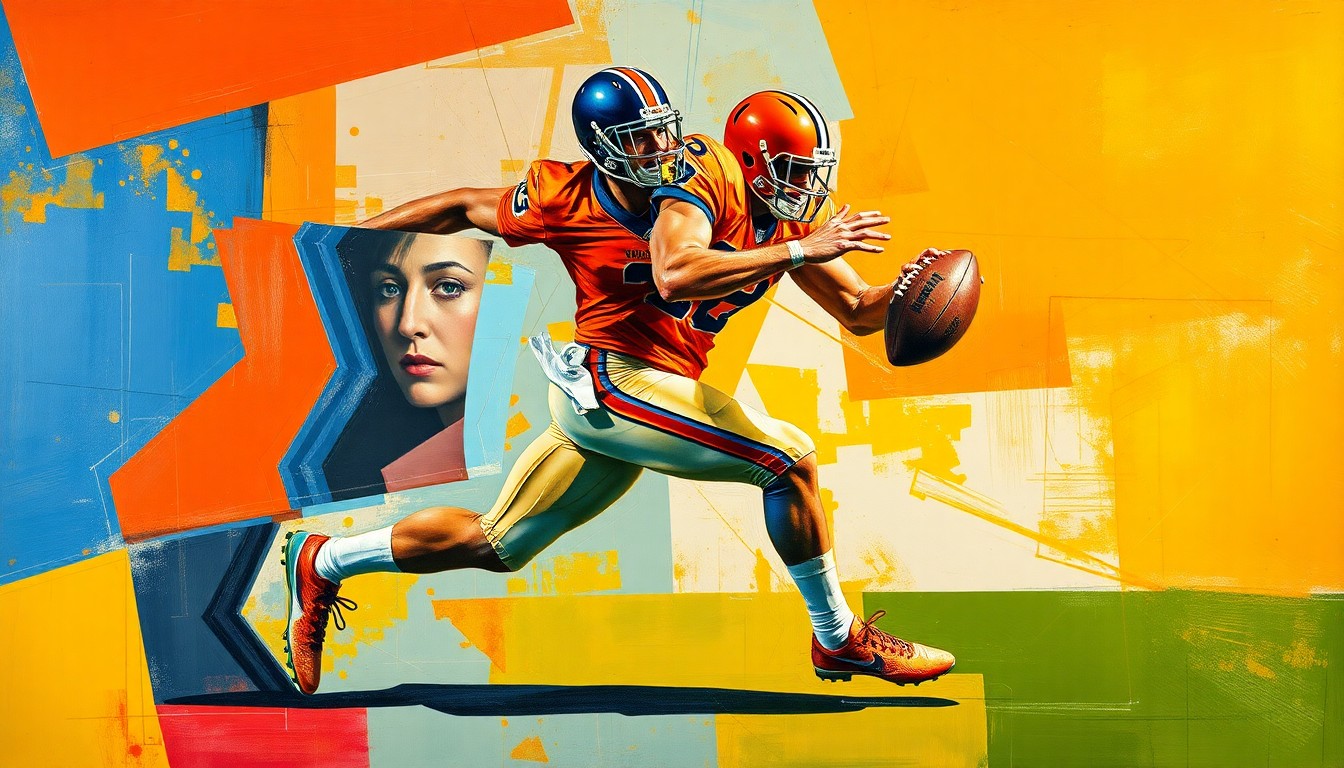 A fragmented, geometric painting depicting the dynamic movements of a football player, with sharp planes of color and form capturing the essence of the sport without any identifiable elements.