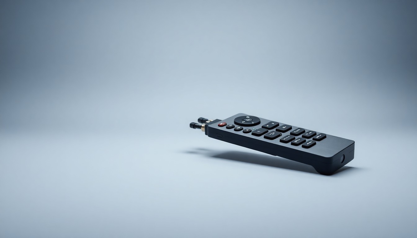 A high-end, photorealistic studio still-life photograph showing a sleek, modern television remote control made of brushed metal and glass, resting on a clean, monochromatic seamless background, conveying a sense of disconnection and disruption.