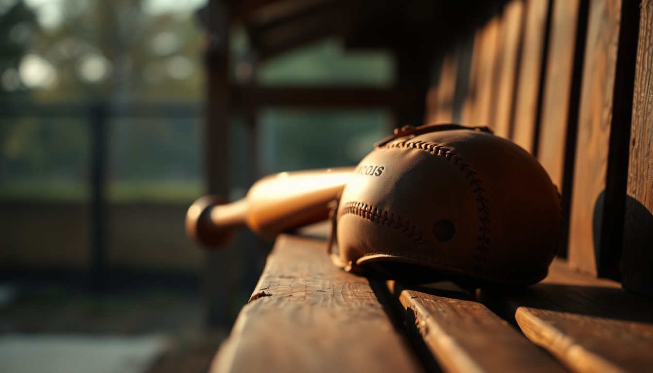 A blurred, dreamlike photograph of a baseball glove and bat on a wooden bench, conveying a sense of nostalgia and the bittersweet memories of a life well-lived.
