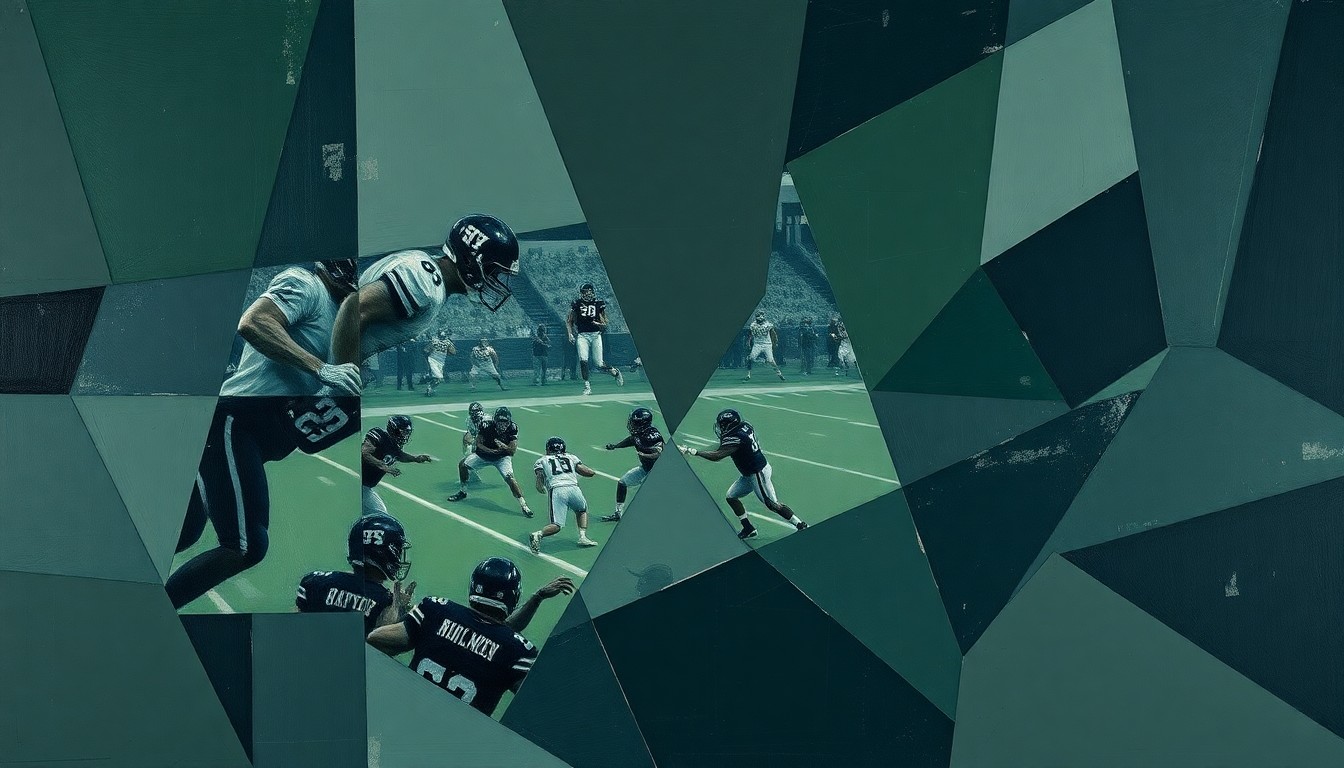 A cubist, geometric painting depicting a fragmented, multi-angled view of a football field or coaching scene, with sharp planes of navy, forest green, and charcoal grey conveying a sense of disruption and emotional tension.