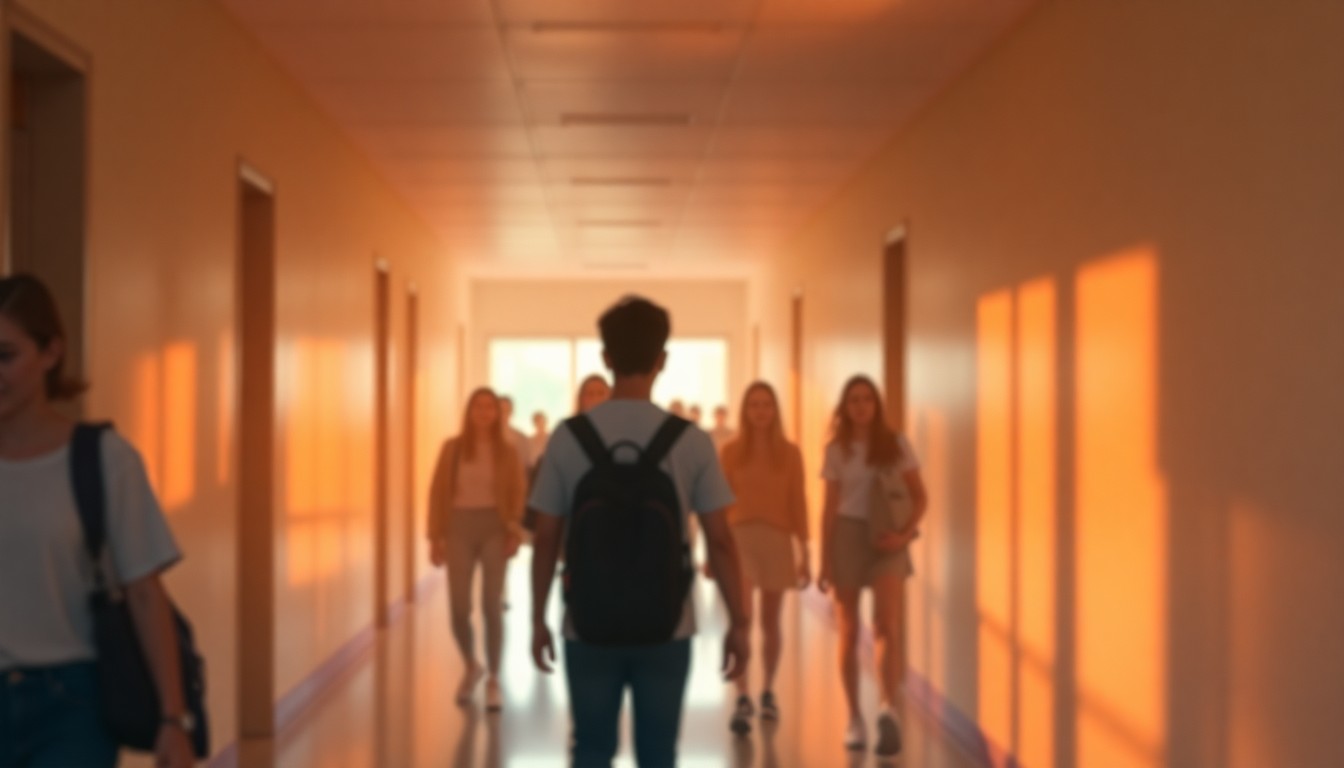 An abstract, impressionistic scene of students moving through a school hallway, with soft, blurred shapes and vibrant splashes of color creating a sense of motion and energy.