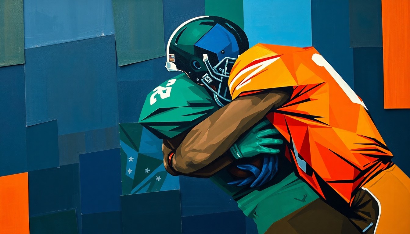 A fragmented, geometric painting depicting a defensive lineman in mid-tackle, with sharp planes of dark blue, forest green, and burnt orange colors creating a dynamic, multi-angled visual representation of the physical action.