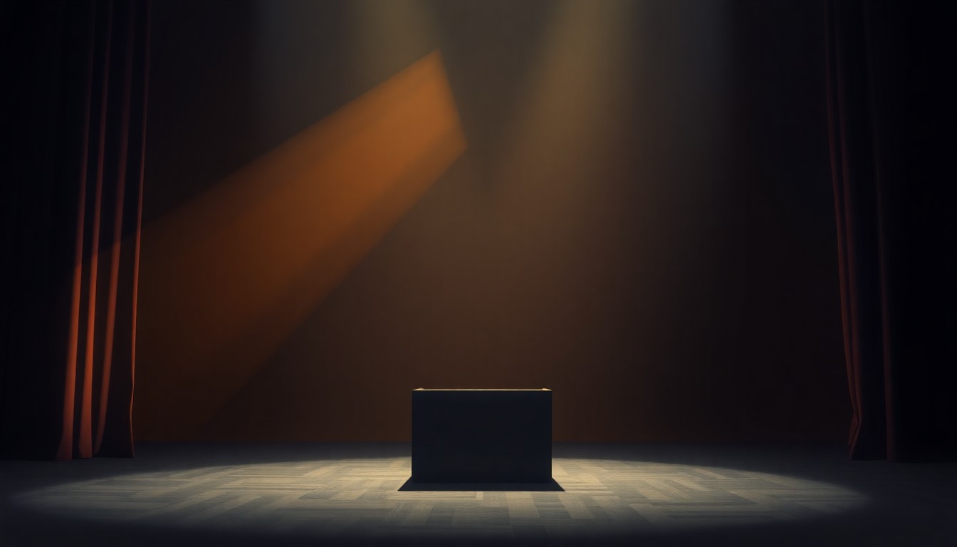 A dimly lit stage with a solitary podium in the center, bathed in warm, diagonal sunlight and deep shadows, conceptually representing the controversy surrounding Biden's remarks.