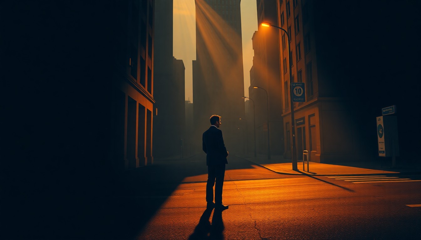 A cinematic painting of a solitary, well-dressed man standing alone on a dimly lit city street corner, bathed in warm, diagonal sunlight and deep shadows, conveying a sense of quiet contemplation about his political future.