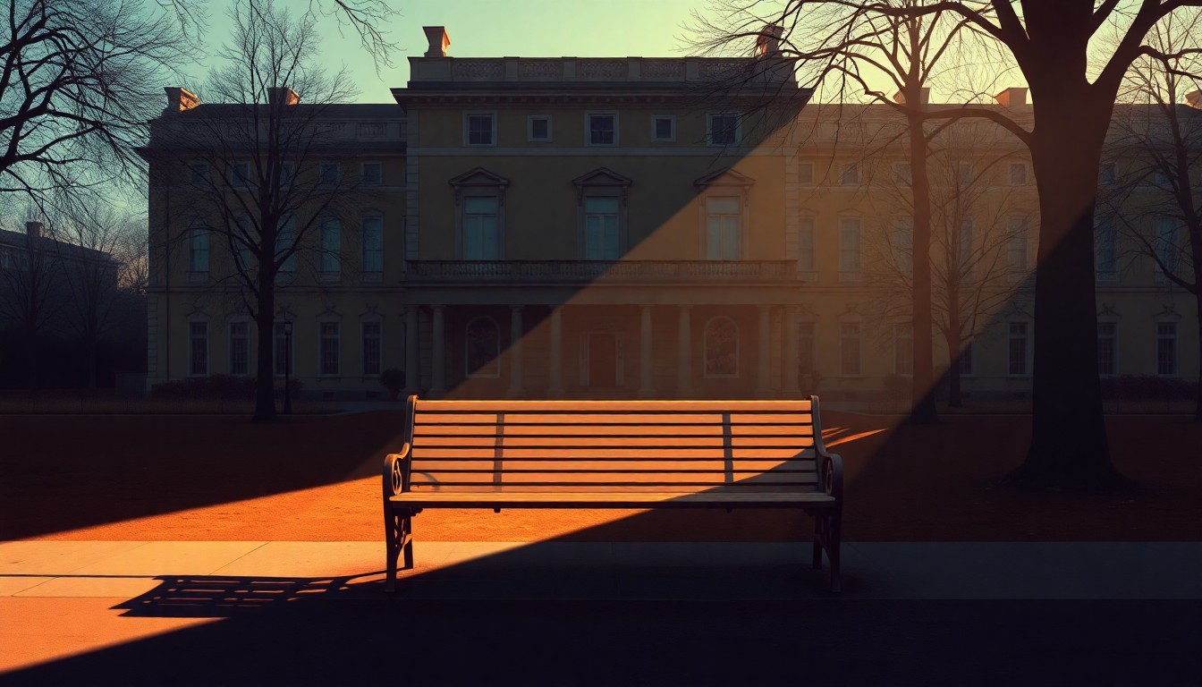 A serene, cinematic painting of an empty park bench in front of a historic building, with warm sunlight and deep shadows creating a contemplative mood.