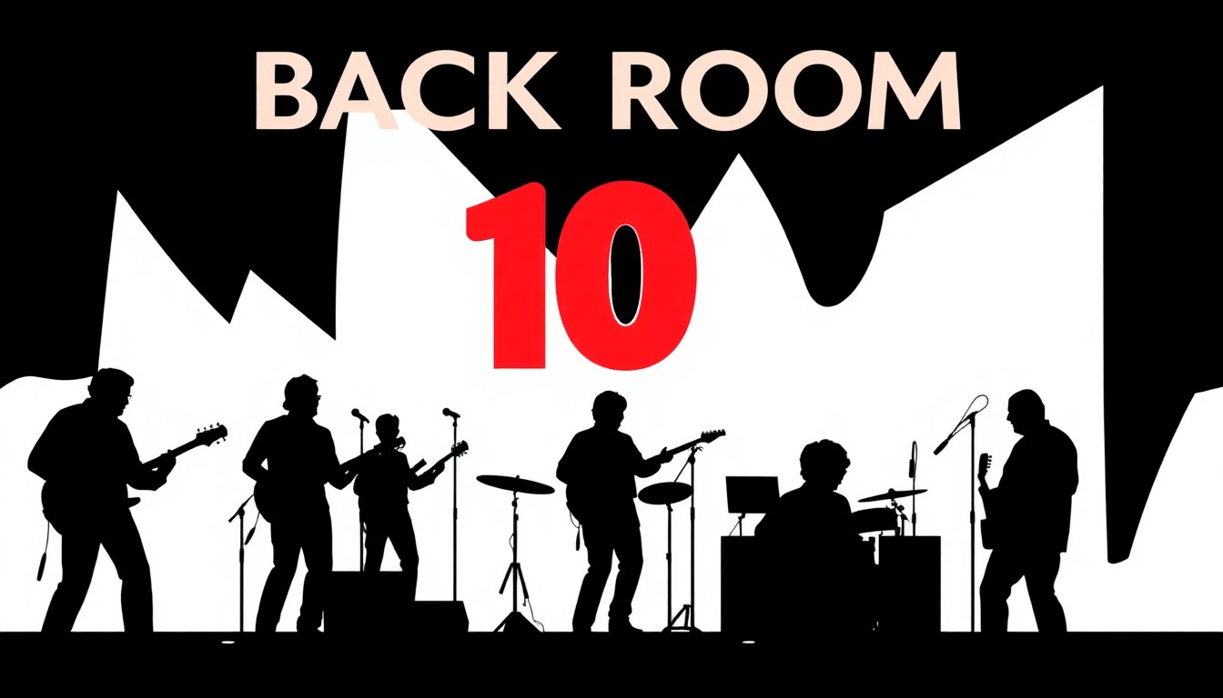 An abstract composition of bold, geometric shapes in high-contrast red, white, and black, conceptually representing the diverse range of music and festive atmosphere of the Back Room's 10th anniversary celebration.