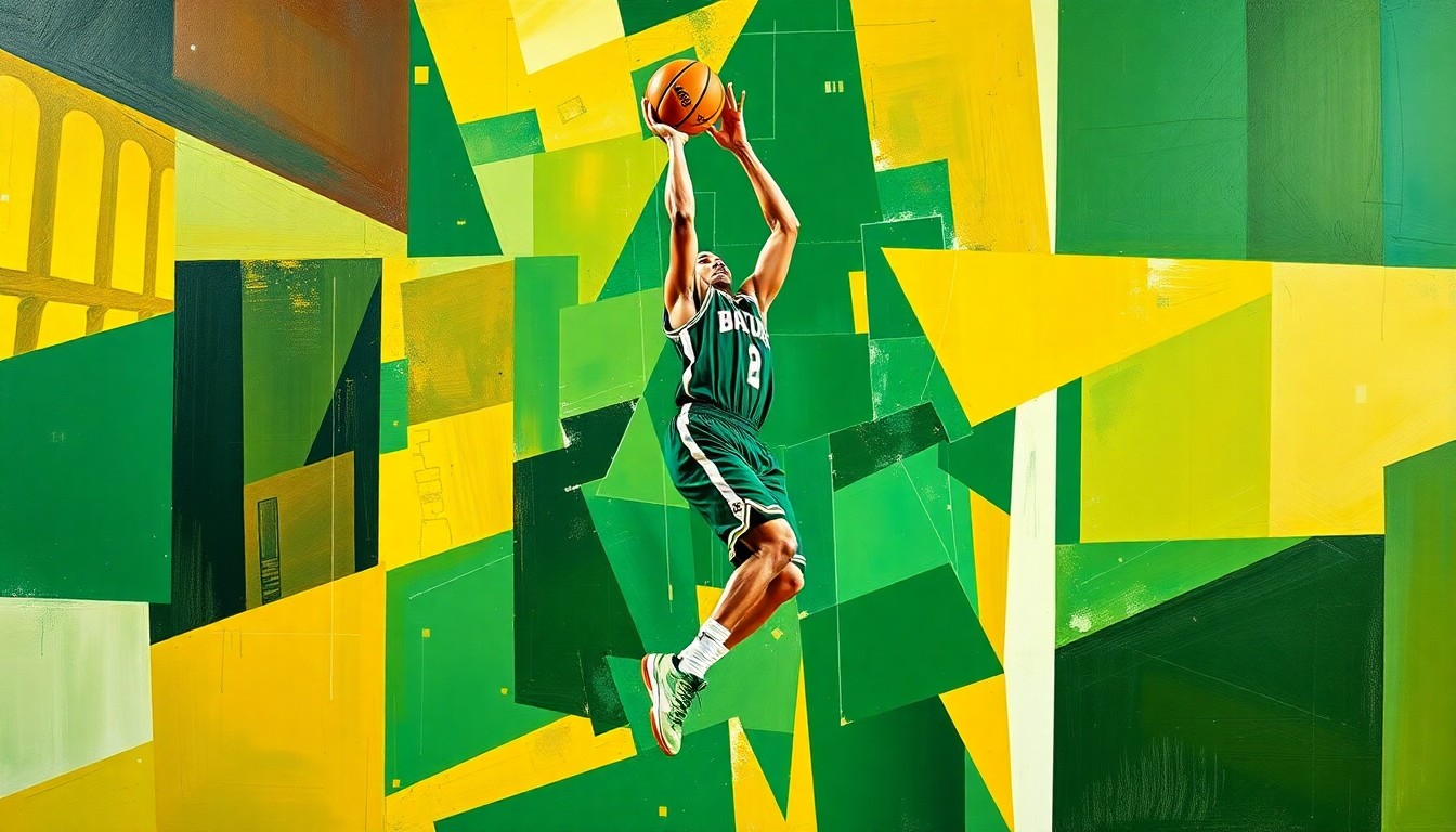 A cubist, geometric painting depicting a basketball player's jump shot broken down into sharp, overlapping planes of Baylor green and gold colors, capturing the energy and movement of the game.