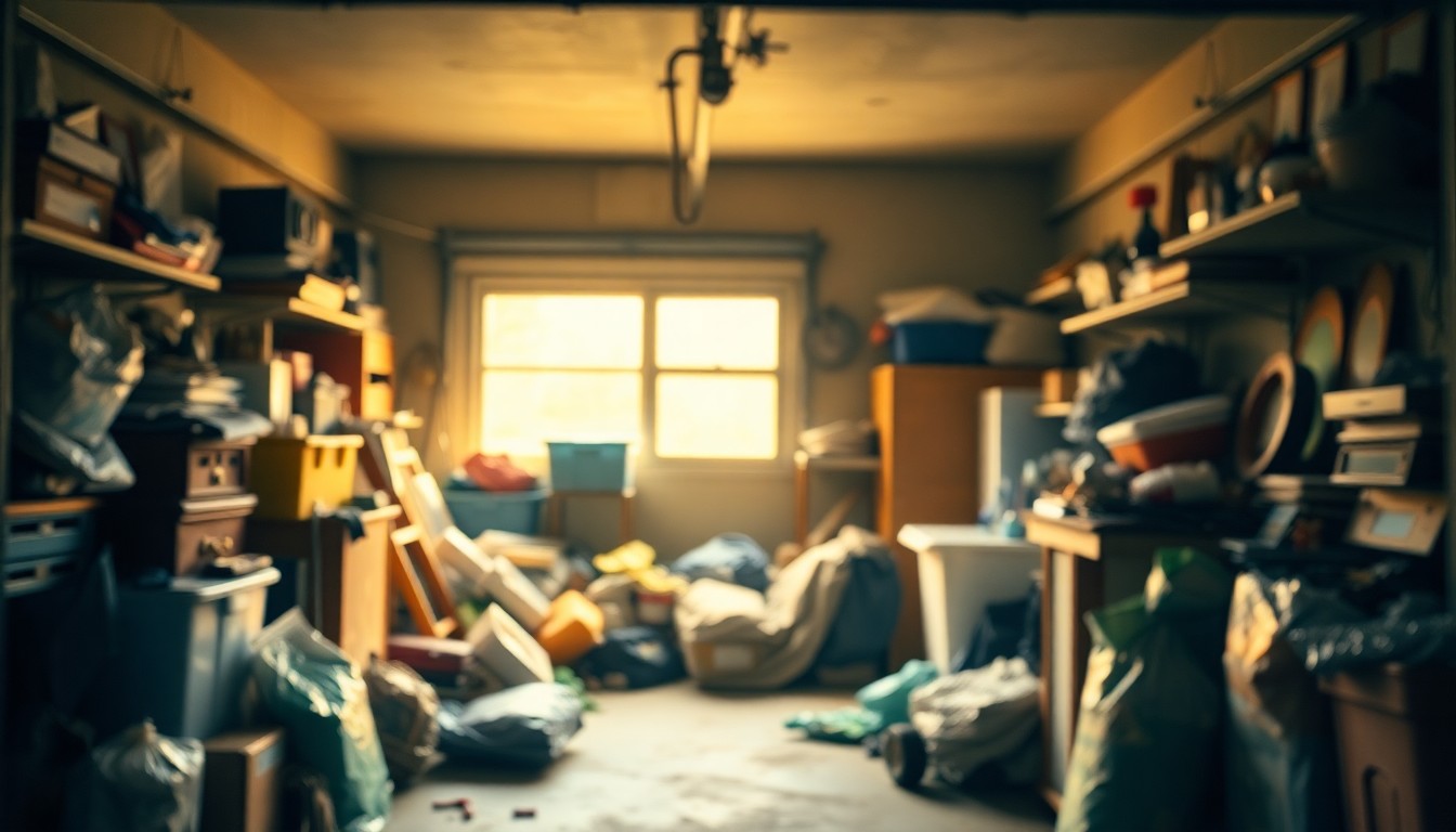 A blurred, atmospheric photograph of a cluttered garage interior, with various household items and discarded objects visible through the soft, warm light, conceptually representing the need to responsibly dispose of unwanted items.