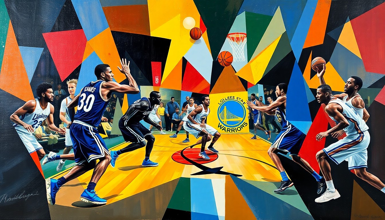 A cubist, geometric painting depicting an abstract basketball game, with the players' forms broken down into angular, overlapping shapes in a vibrant color palette, capturing the energy and intensity of the play-in matchup.