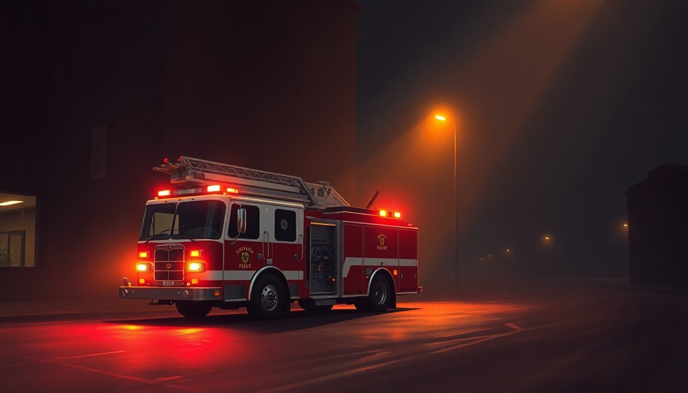 A moody, cinematic painting of a solitary fire engine parked on a dimly lit urban street, the vehicle's red paint and chrome fittings glowing in the warm, diagonal sunlight, while deep shadows stretch across the pavement, conceptually illustrating the public safety issues caused by equipment shortages in Atlanta.