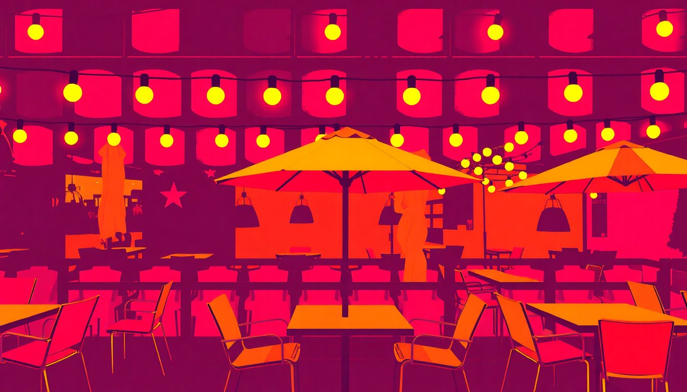 A vibrant, high-contrast silkscreen print featuring a repeated pattern of a patio table and umbrella in neon shades of blue, pink, and yellow, conceptually representing the energy and excitement around the early return of outdoor dining in the region.