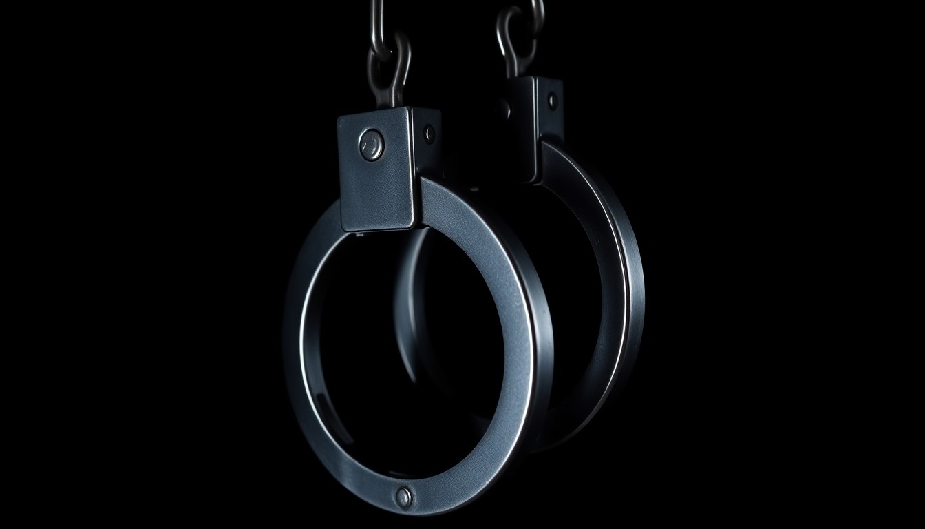 An extreme close-up photograph of a set of handcuffs against a pitch-black background, lit by a harsh camera flash, conceptually representing the harsh realities of incarceration and the need for accountability.