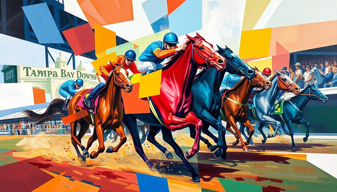 A fractured, multi-angled painting depicting the motion and energy of a horse race, with sharp geometric shapes and planes of color representing the competing horses and the racetrack.