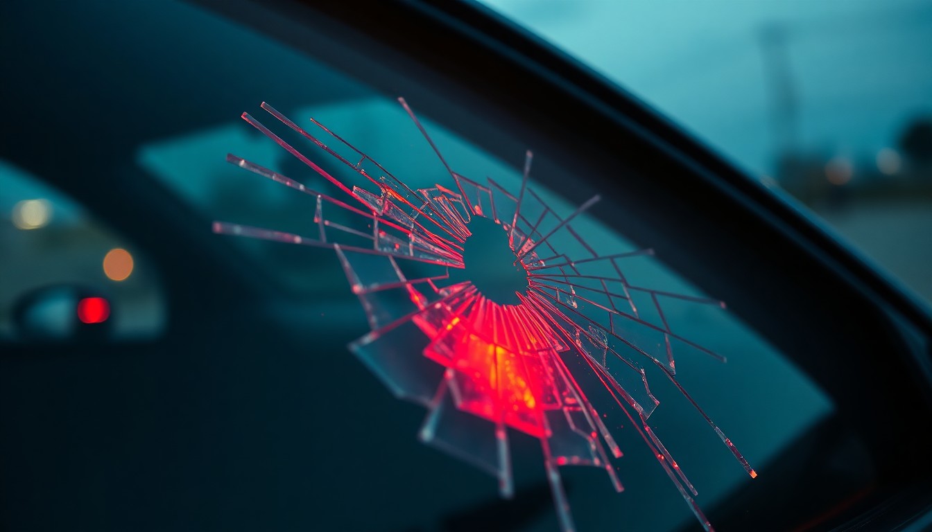 An extreme close-up photograph of a shattered car window lens reflecting a faint red light, conceptually illustrating the violent robbery attempt against the rapper Offset.