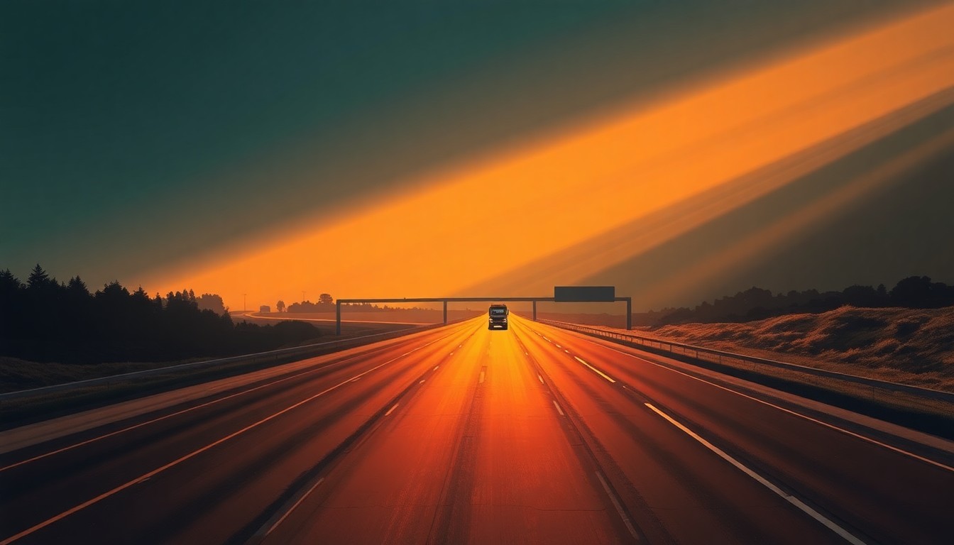 A serene, photorealistic painting of an empty stretch of highway under a warm, golden sunset, with a lone construction vehicle in the distance, conveying a sense of anticipation and change for the future of the I-81 corridor.