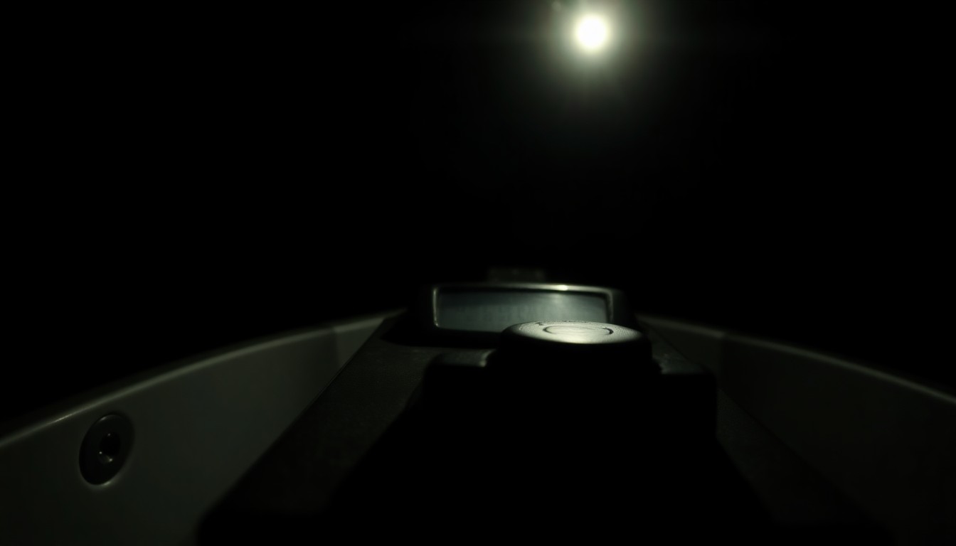 An extreme close-up photograph of a small boat's throttle or engine control panel, lit by a harsh, direct camera flash against a pitch-black background, conceptually representing the investigation into Lynette Hooker's disappearance at sea.