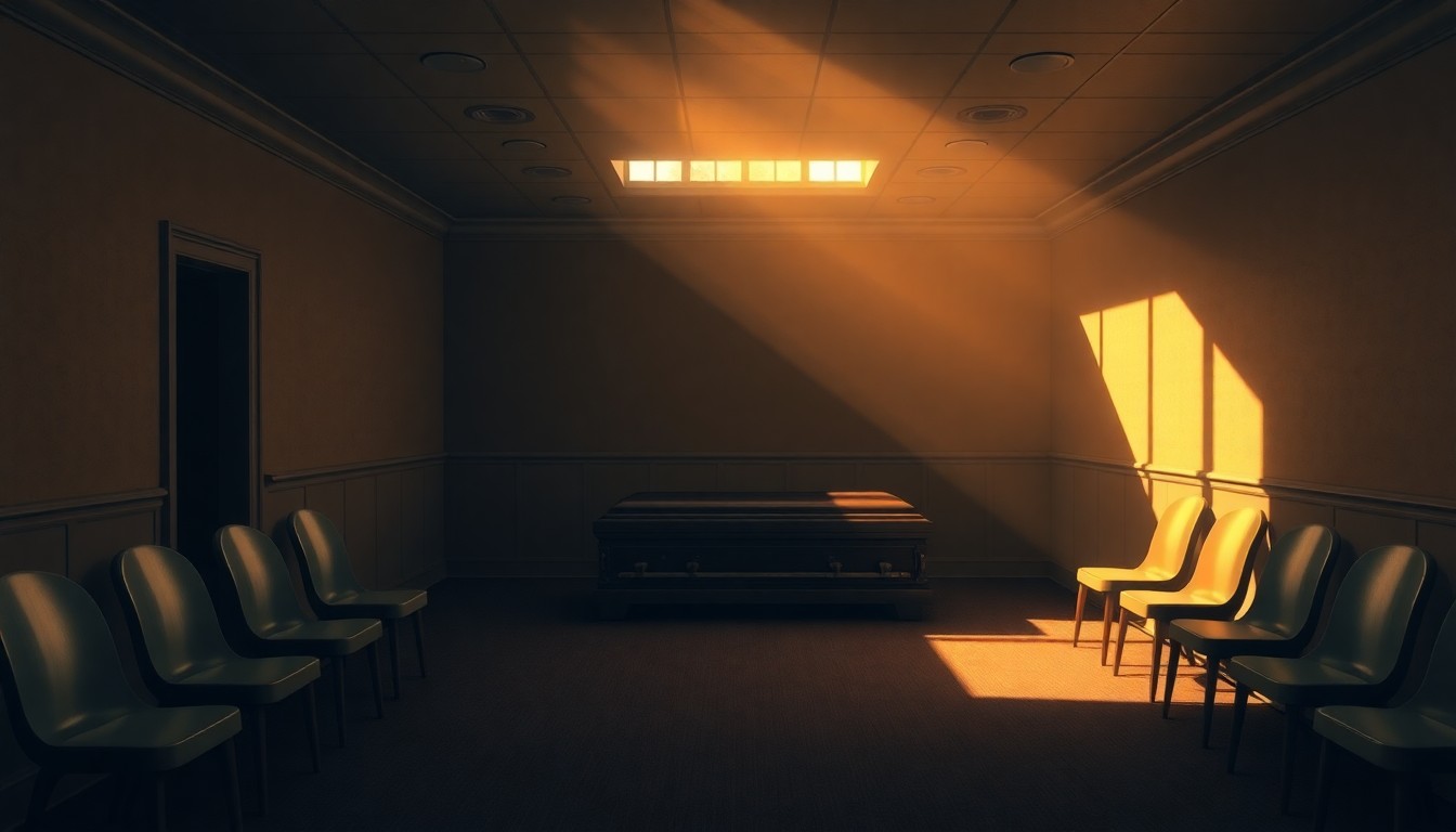 A quiet, cinematic painting of an empty funeral home interior, with a single casket in the center of the frame surrounded by warm, diagonal sunlight and deep shadows, conceptually representing the sensitive nature of funeral regulations.