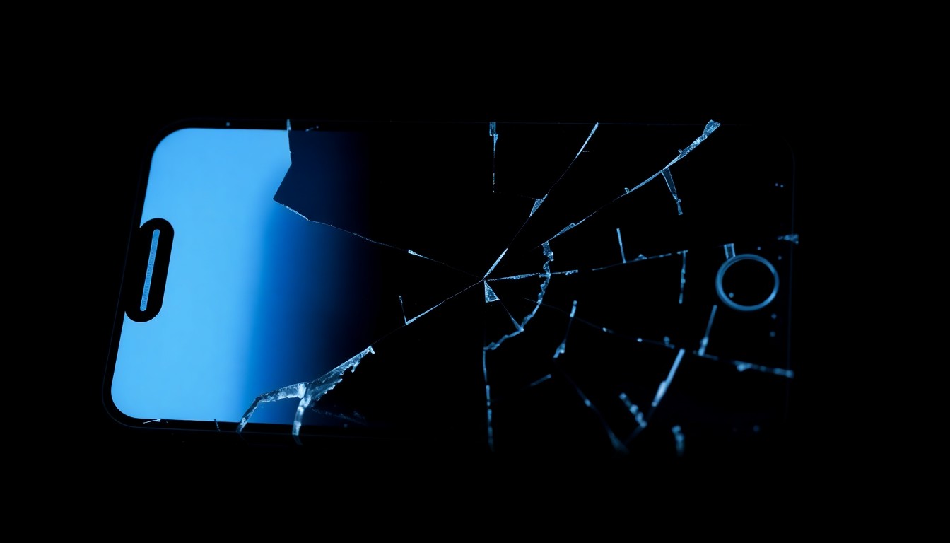 An extreme close-up photograph of a cracked and shattered smartphone screen, lit by a harsh, direct camera flash against a pitch-black background, conceptually representing the addictive and destructive nature of online gambling.