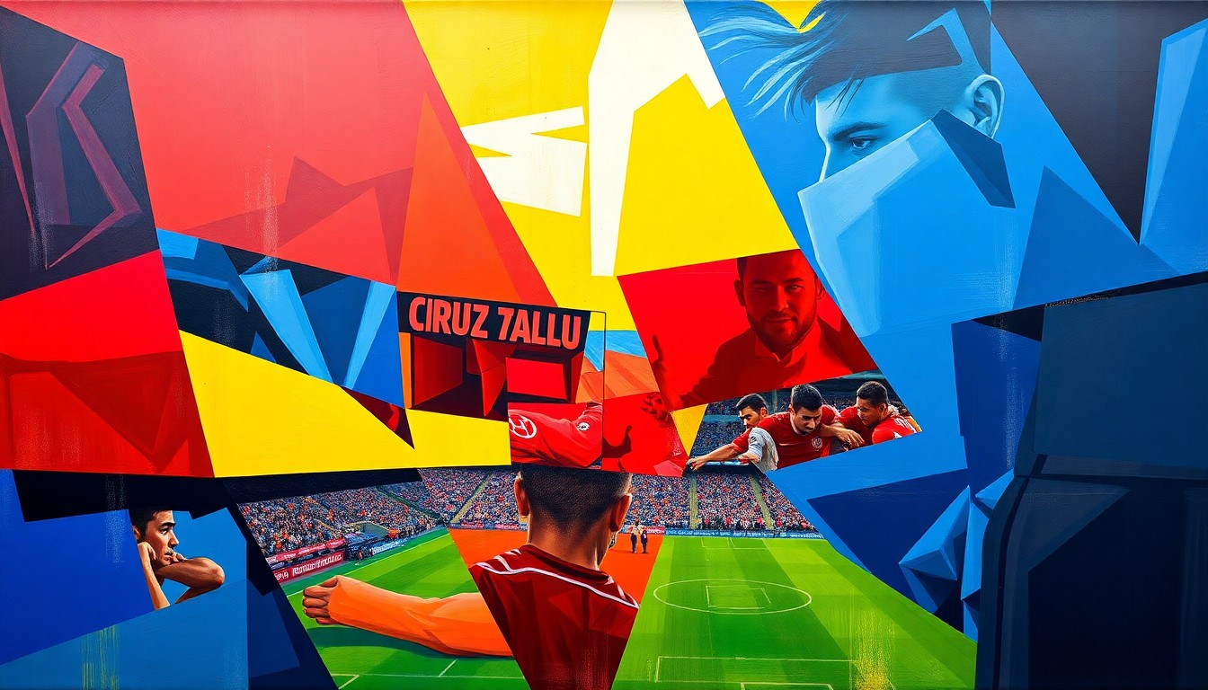 A fractured, multi-perspective painting depicting a soccer match between two teams, with sharp, overlapping geometric planes in vibrant colors representing the dynamic action on the field.