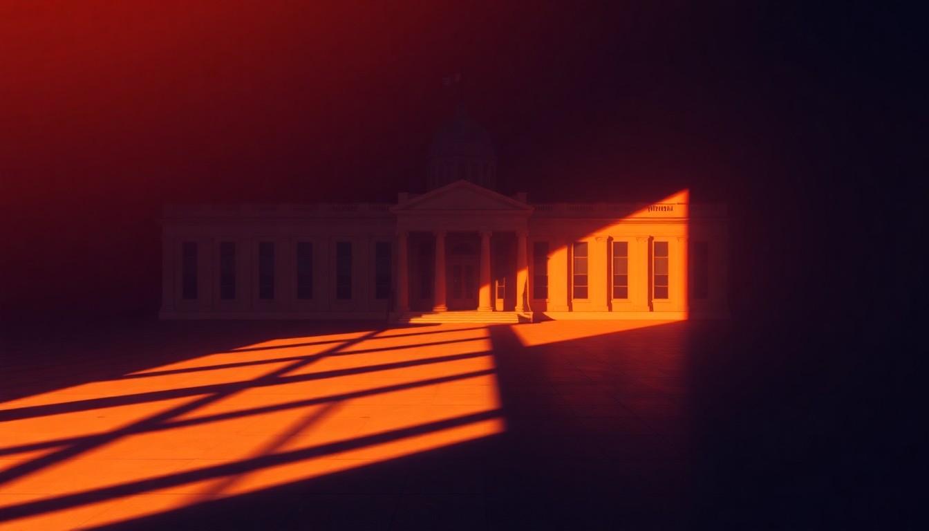 A serene, photorealistic painting of a government office building or administrative center, its facade and windows illuminated by warm, angled sunlight that casts long shadows across the scene, creating a contemplative, melancholic mood.