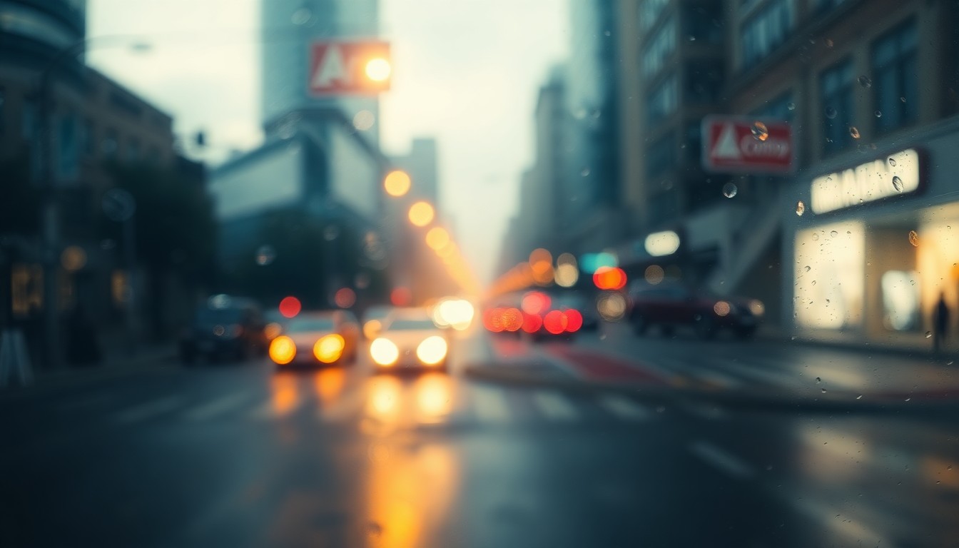 An abstract, impressionistic scene of blurred, colorful light and texture, conceptually representing the atmospheric setting of a city street undergoing road repairs.