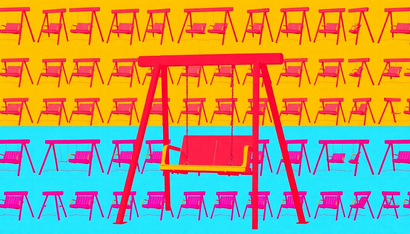 A bold, abstract silkscreen illustration featuring a repeated vinyl swing set design in a grid of vibrant neon colors and heavy black outlines, conveying the playful, pop art aesthetic of Ruffhouse Vinyl Play Systems' backyard products.