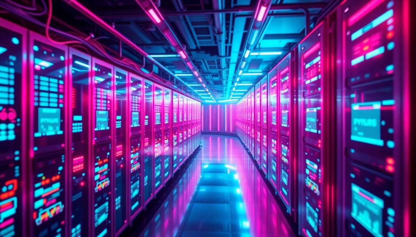 A highly detailed, glowing 3D illustration of a futuristic data center or server farm, with recognizable cybernetic elements like circuit boards, cables, and server racks illuminated by vibrant cyan and magenta lights, conceptually representing the powerful technology powering Pulse's platform.