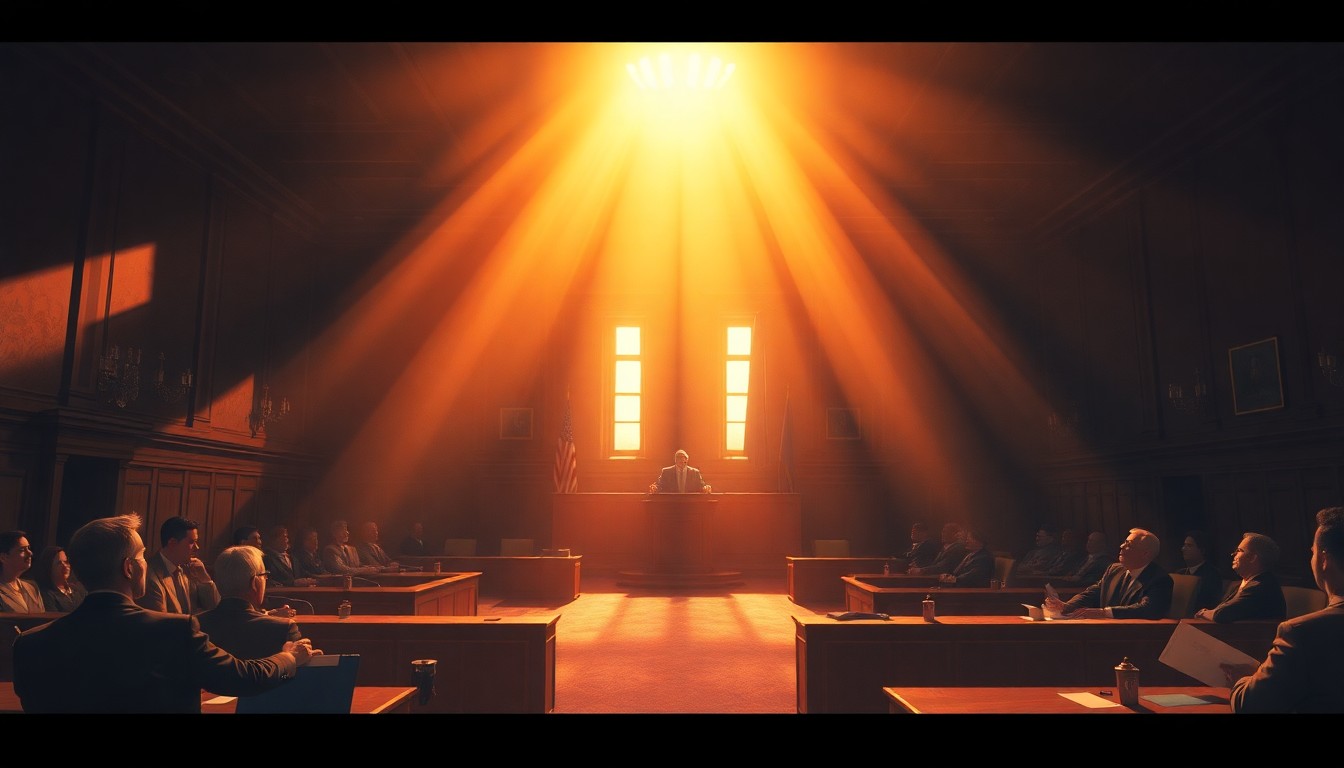 A dimly lit, cinematic painting of an empty city council chamber, with warm sunlight streaming through the windows and deep shadows casting an air of drama and unease.