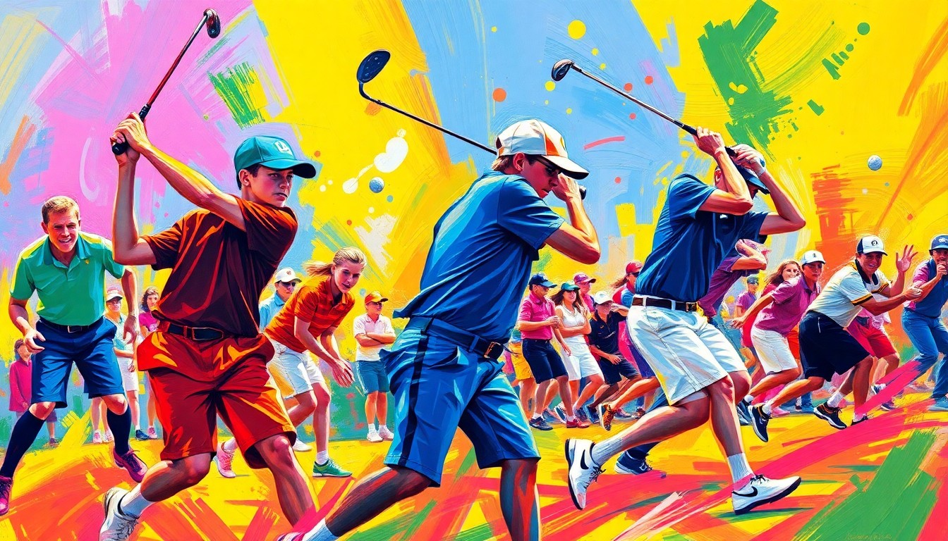 An abstract, energetic painting in bright neon colors depicting the dynamic motion and competitive spirit of a high school golf tournament.