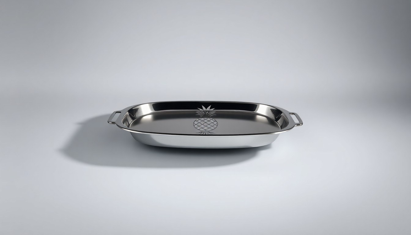 A photorealistic studio still life of a polished metal serving tray with a Hawaiian pineapple design, set against a clean light gray background and dramatically lit to convey abstract business concepts.