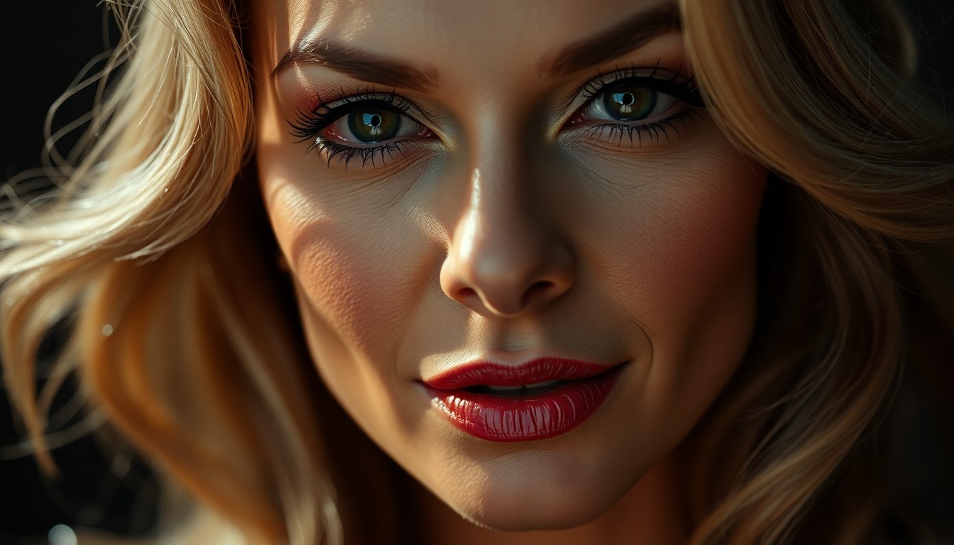 An extreme close-up photograph of Michelle Pfeiffer's face, capturing the intricate details and luxurious textures of her skin, makeup, and hair in dramatic, high-contrast studio lighting. The image has a glitzy, high-fashion aesthetic, focusing purely on material and light rather than literal objects or people.