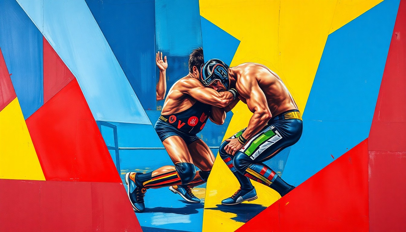 A fragmented, geometric painting in bold primary colors depicting the chaotic movements and perspectives of a pro wrestling match, conveying the dynamic nature of the sport through a cubist artistic style.