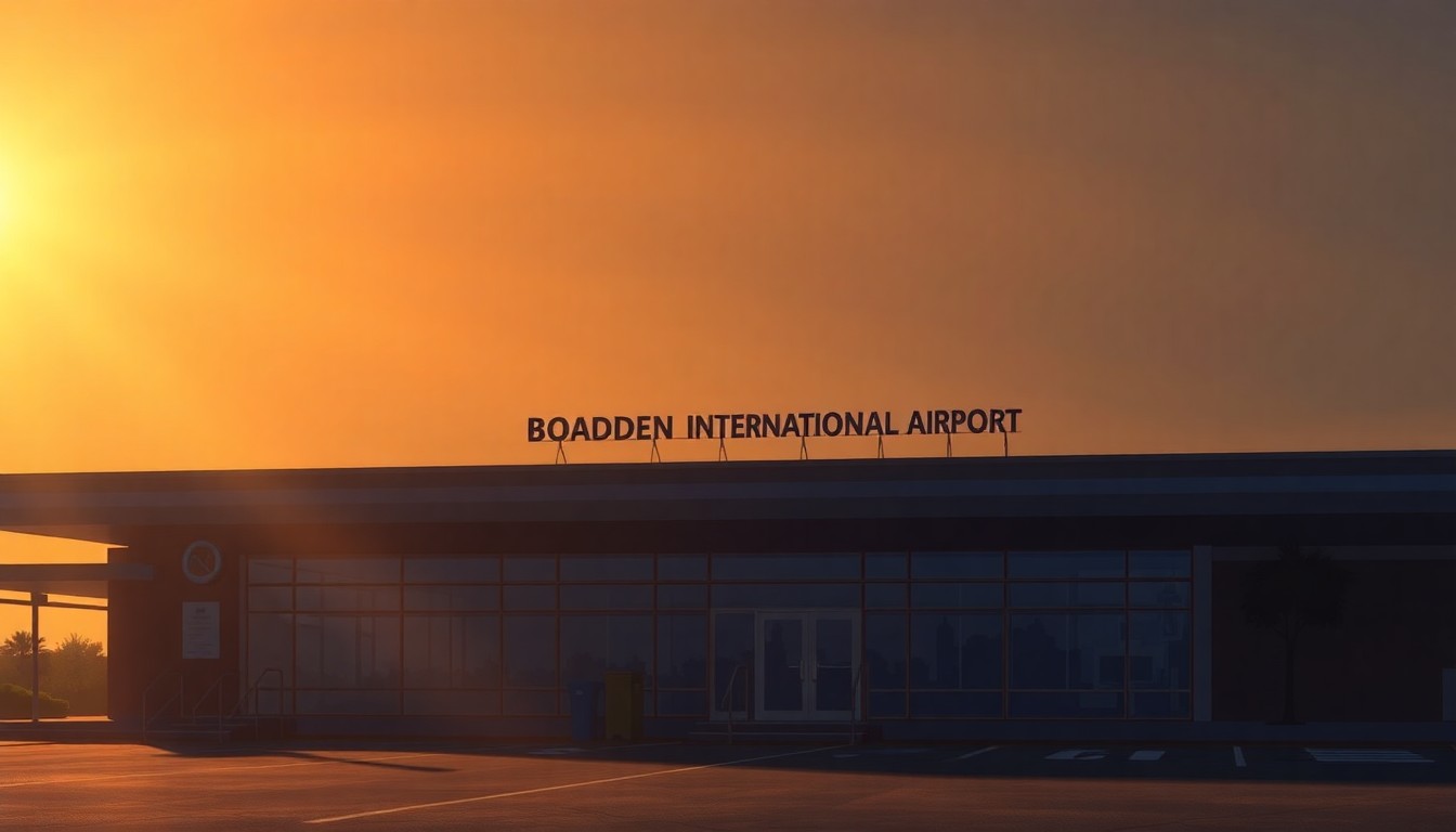 A serene, photorealistic painting of an airport terminal building in warm, golden light, with the new 'Bobby Bowden International Airport' signage prominently displayed, conceptually representing the honoring of the iconic coach's legacy.